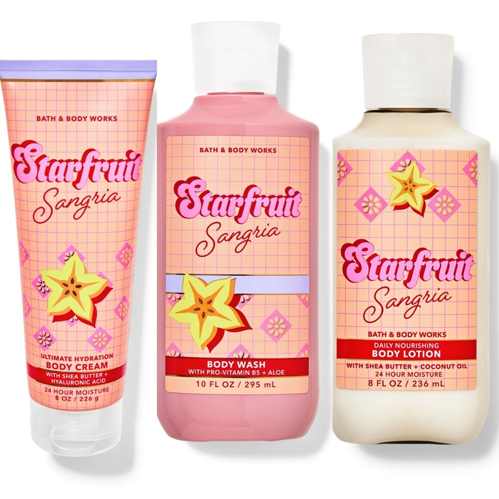 NEW! Starfruit Sangria Bath & Body Works
Body cream, body lotion & shower gel